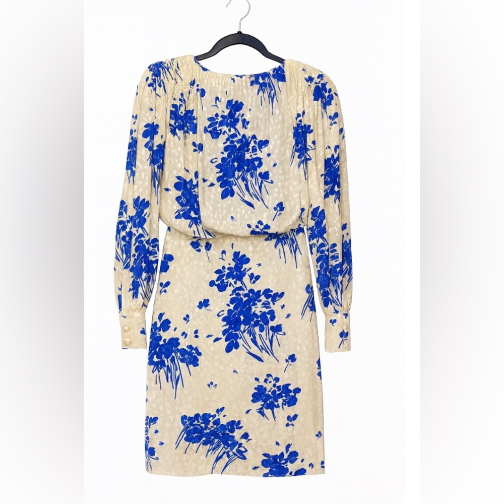 VTG John Galanos Dress Cream+Blue Floral Open Back With Button Low Zip Size?
